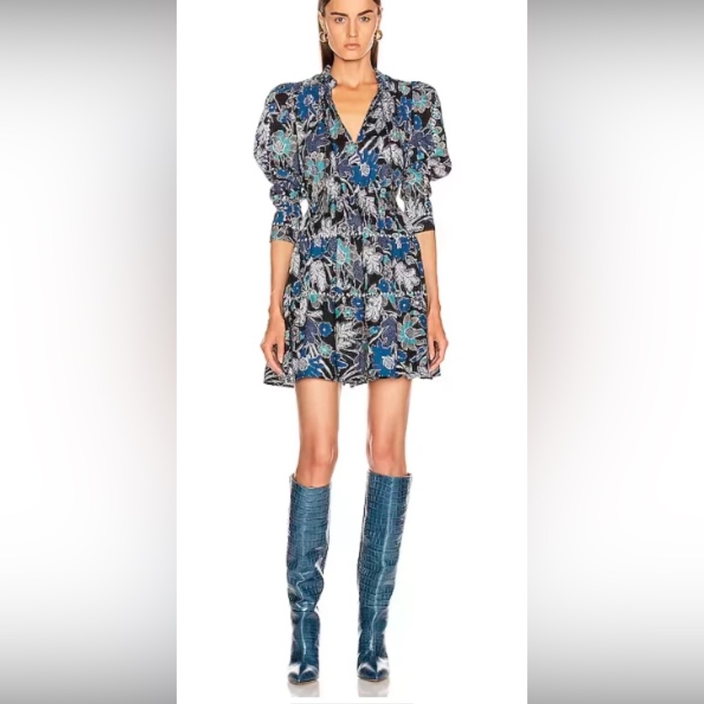 Ulla Johnson 'Liv' Blue/Black Floral Print Long Sleeve Mini Dress
